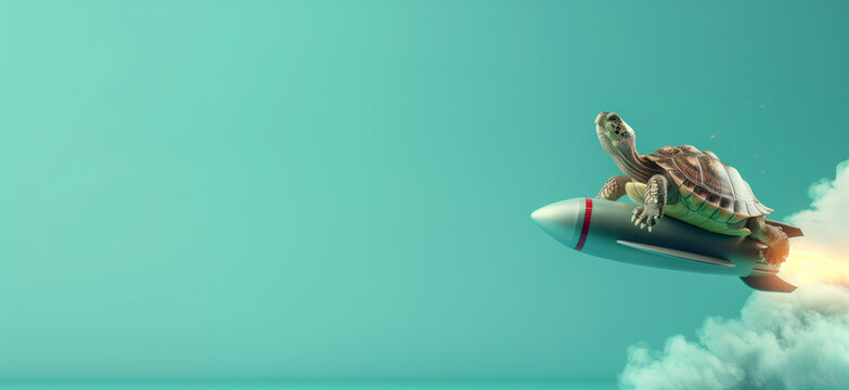 Turtle confidently flying on a rocket in a surreal scene, symbolizing slow yet determined progress