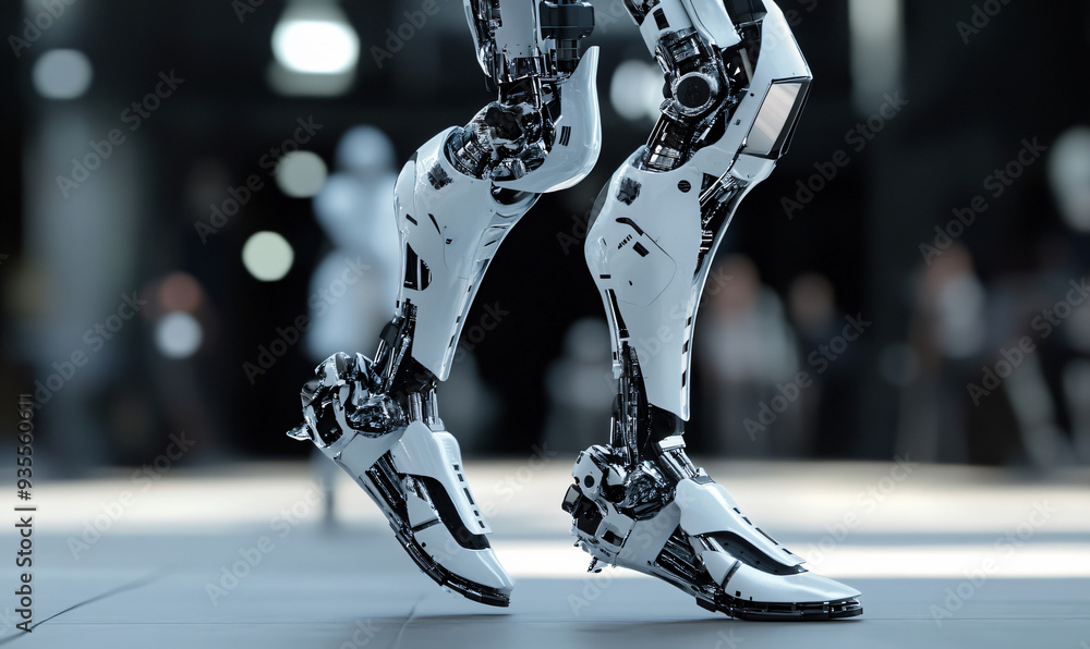 Poster closeup of robotic legs in motion on blurred background. futuristic artificial intelligence and cybe