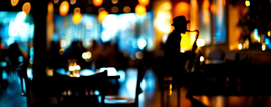 Silhouetted saxophonist performing in a dimly lit jazz club with vibrant, colorful bokeh lights and a lively, blurred audience in the background