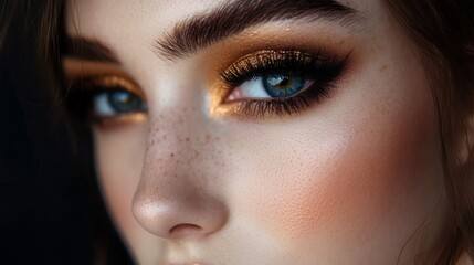 Fototapeta premium This close-up features a model with striking golden eyeshadow and defined features, highlighting her captivating blue eyes and flawless skin.