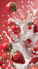Juicy strawberries are captured mid-splash, surrounded by a creamy liquid against a bright pink backdrop, creating an enticing and energetic composition