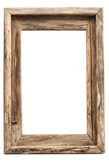 A rustic, weathered wooden picture frame with a natural, worn finish, isolated on a white background, perfect for adding a touch of vintage charm to any setting