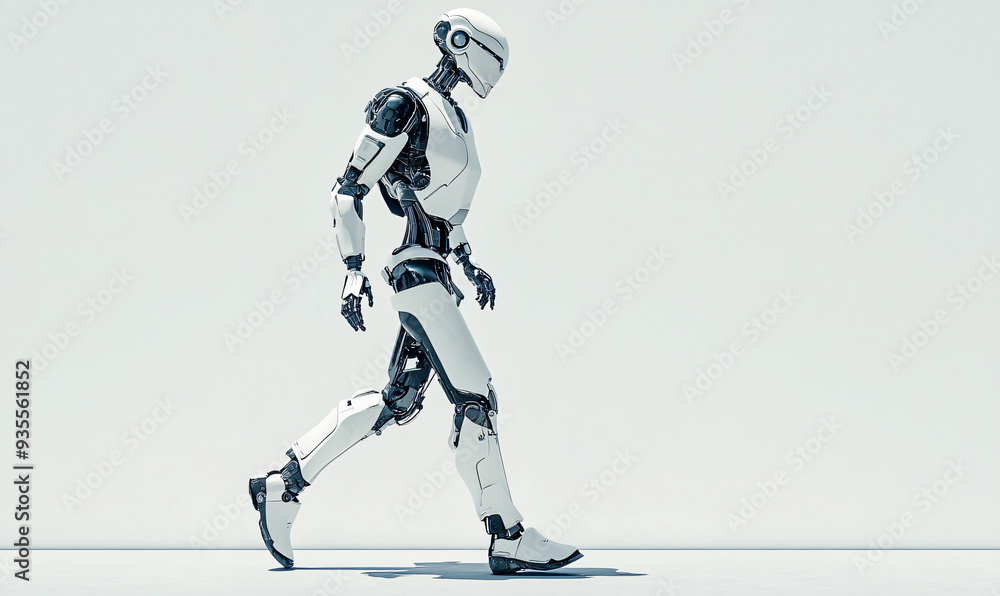 Poster full body humanoid robot walking against a plain light background. futuristic ai and robotics concep