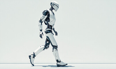 Full body humanoid robot walking against a plain light background. Futuristic AI and robotics concept in movement. Isolated side view photography for design and poster.