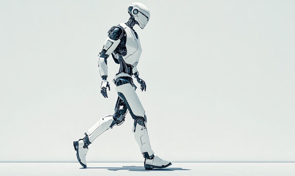  Full body humanoid robot walking against a plain light background. Futuristic AI and robotics concept in movement. Isolated side view photography for design and poster.