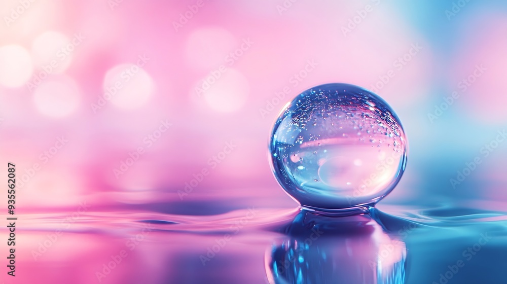 Aufkleber beautiful clean transparent bright drop of water on smooth surface in blue and pink colors macro cre