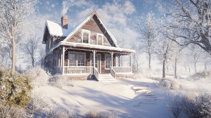 Fototapeta premium A small house in a snowy forest with trees and snow, AI