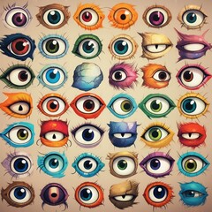 Fototapeta premium Mystical Multicolor Eye pattern. Different fantastic circle shape eyes.