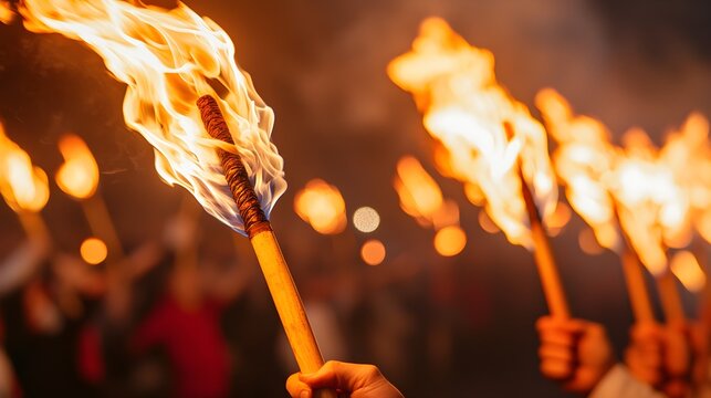 A torch-lit parade through a town, with people carrying flaming torches and wearing traditional costumes.
