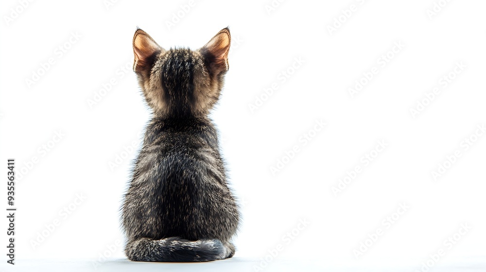 Poster rear view of funny tabby cat kitten isolated on white : generative ai