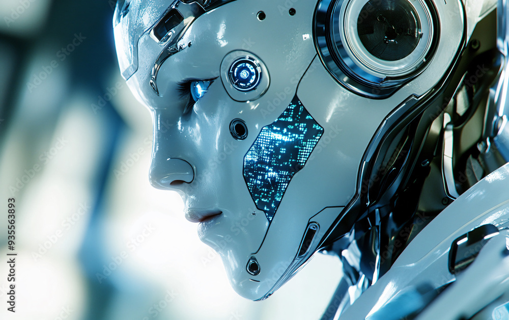 Poster closeup of humanoid robot with digital facial interface. futuristic cybernetic and ai concept. high-