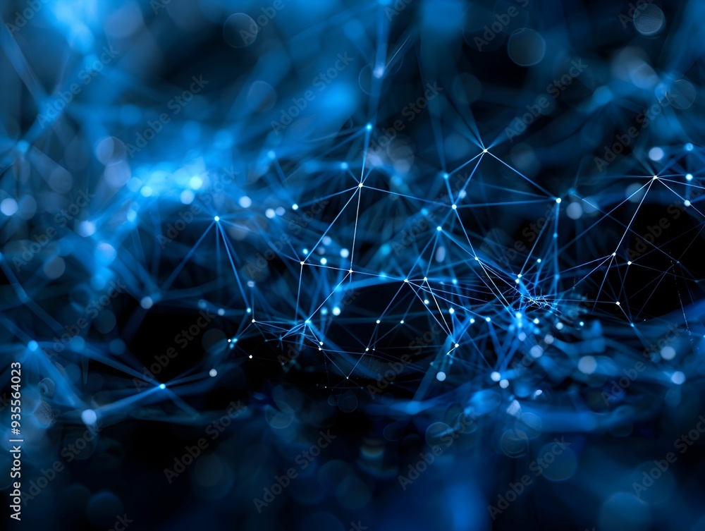 Poster abstract blue network of interconnected lines and dots representing digital communication and techno