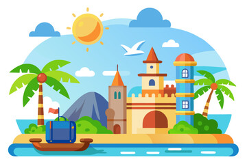 Tropical Island with a Castle and a Suitcase in a Boat