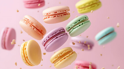 Cascade of rainbow-colored macarons falling through the air on soft pink background