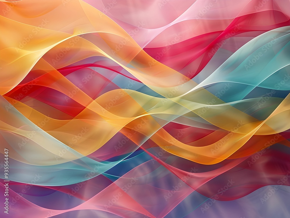 Poster abstract waves of colorful fabric flowing gently in soft light create a serene and vibrant atmospher