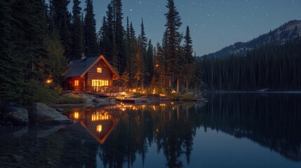 Fototapeta premium A cabin on a lake at night with lights shining in the trees, AI