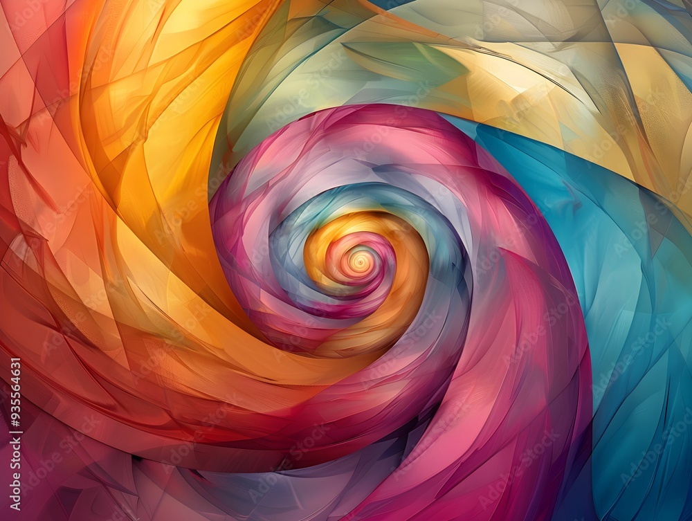 Poster vibrant abstract spiral design with warm and cool colors blending together in a stunning display of 