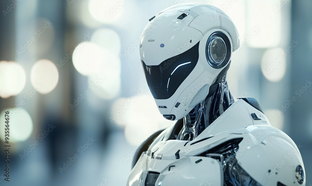 Poster futuristic humanoid robot with black visor and advanced components. artificial intelligence and robo