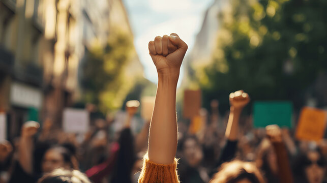 Crowd raising clenched fists in solidarity during protest