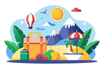 Tropical Beach Vacation with Suitcases and Palm Tree
