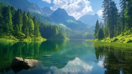 Naklejka premium Lake landscape in green forest Beautiful nature landscape among green mountains lake view and green trees in mountain forest in summer Stunning nature scenery in jungle nature travel i : Generative AI
