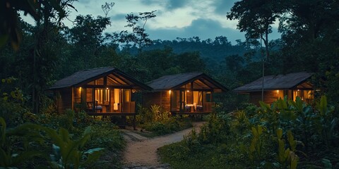 Three wooden cabins lit in a jungle.