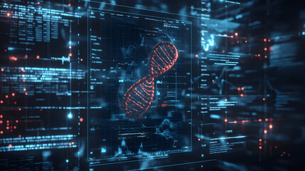 Futuristic UI screen with DNA strand and health data on dark background