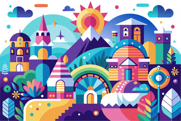 Colorful Geometric Illustration of a Fantasy Town with Buildings, Mountains, and Flowers