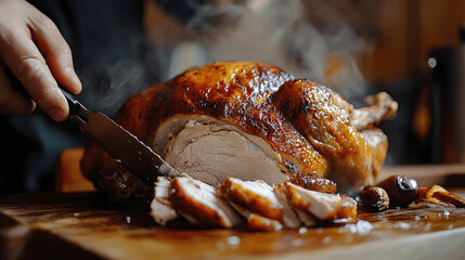 Perfectly roasted chicken being sliced with crispy skin and steam on wooden table