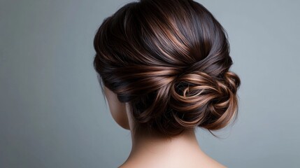 Fototapeta premium A person with a beautifully styled updo featuring soft, flowing waves, set against a muted background.
