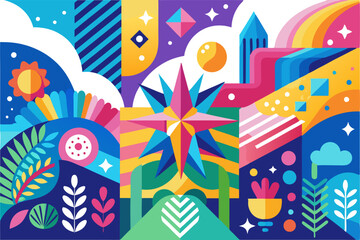 Abstract Geometric Composition with Floral and Celestial Elements