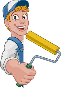 recommend clip art: Painter Decorator Paint Roller Cartoon Handy Man