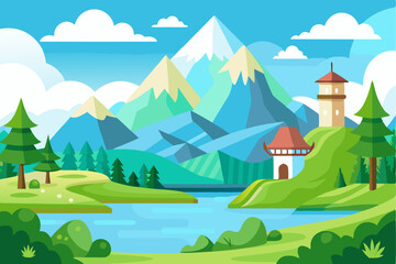 A Scenic Mountain Landscape with a River and Two Towers