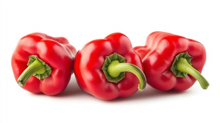Three bright red bell peppers on a white background.