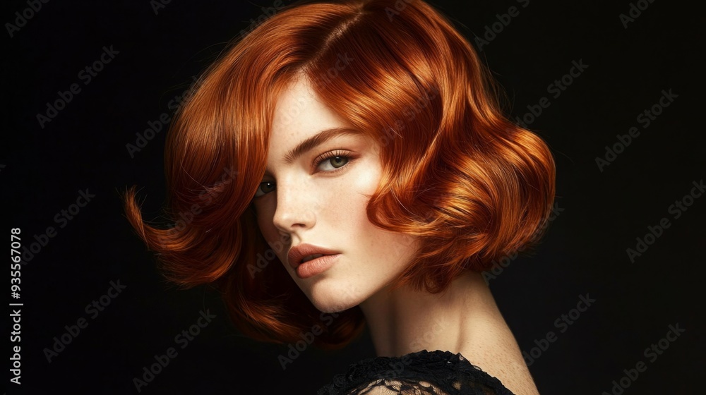 Poster a model showcases her elegant wavy red hair and striking features while posing in a dimly lit settin