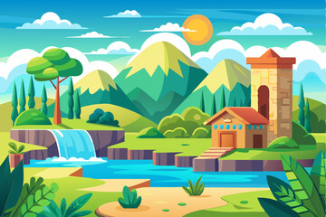 Fototapeta premium Idyllic Landscape with a Waterfall, River, Stone Tower, and House