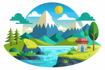 Mountain Landscape with River, House, and Trees