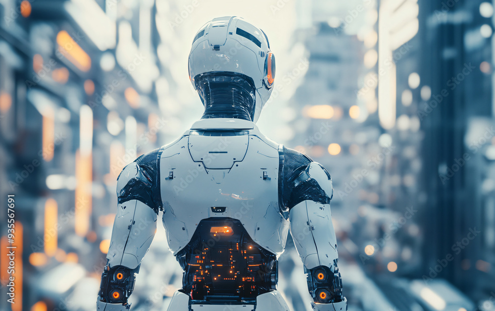 Aufkleber humanoid robot walking in a futuristic city. rear view of advanced robotics in an urban setting. sci