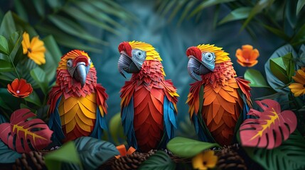 Fototapeta premium Feathered Friends of the Tropics: Three vibrant parrots, meticulously crafted from paper, perch amidst a lush jungle backdrop. 