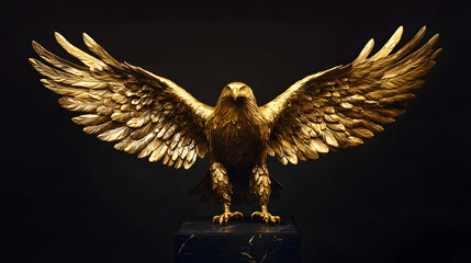 Golden eagle sculpture with outstretched wings on black backdrop, detailed artistry
