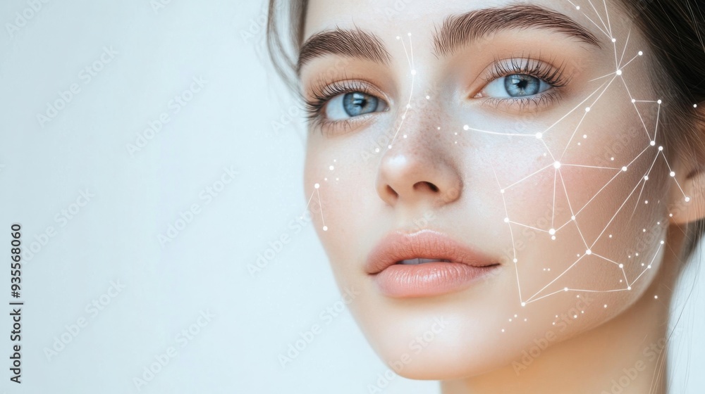 Aufkleber a young woman with striking blue eyes displays a serene expression, while digital lines and points a