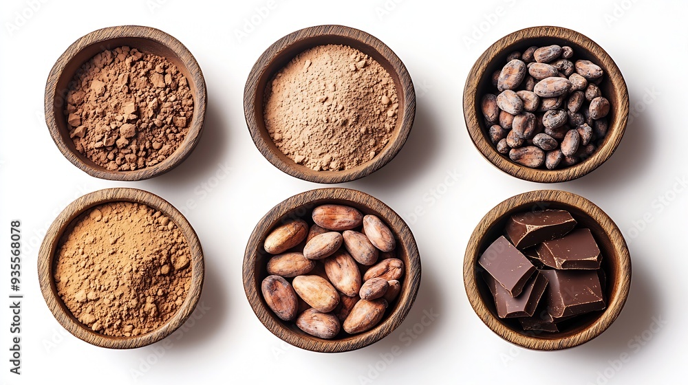 Poster chocolate ingredients in wooden bowls cocoa beans chocolate mass cocoa powder chocolate bars flat la