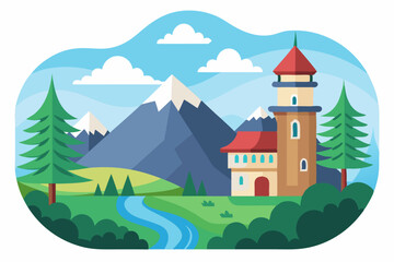 A picturesque mountain landscape with a quaint house and a winding river