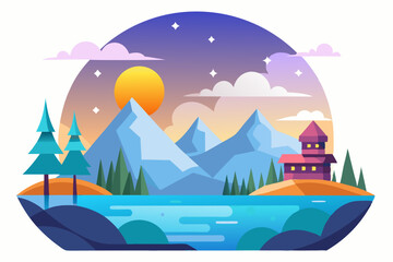 Mountain Landscape with a Cabin by a Lake at Twilight