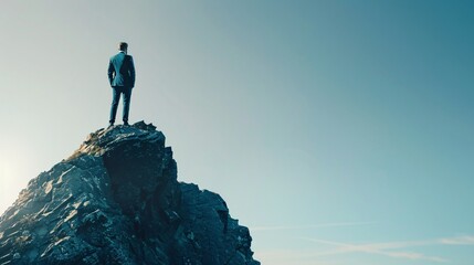 Triumph in Sight - Successful Businessman Achieving Career Milestone atop Mountain Peak Admiring Panoramic View