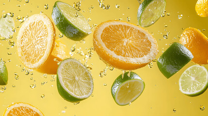 Slices of orange, lemon, and lime spinning in mid-air with citrus juice droplets, bright yellow background
