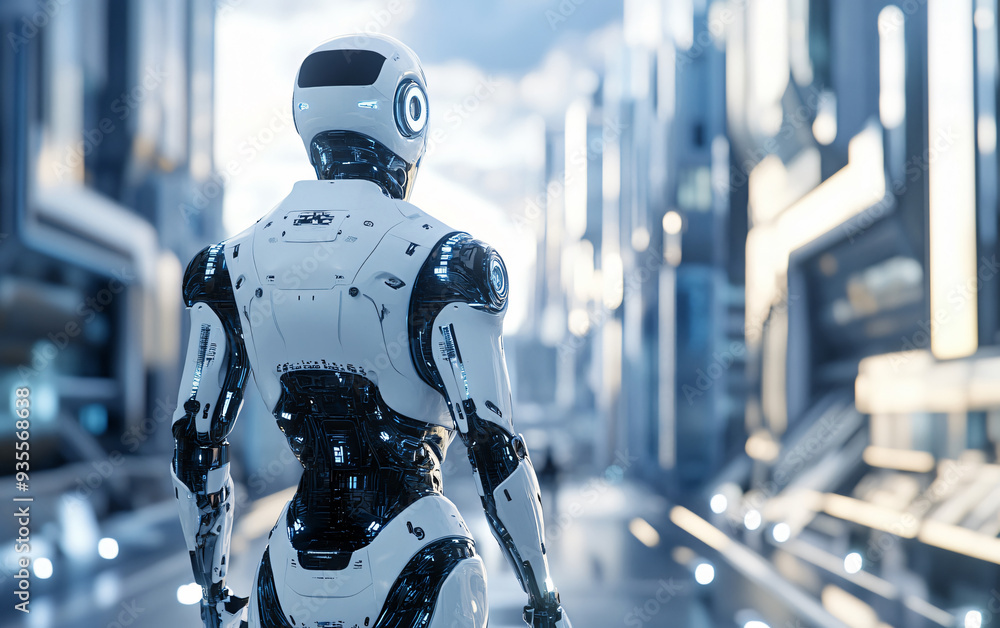 Poster futuristic humanoid robot in a bright cityscape. rear view of robot walking through a futuristic env