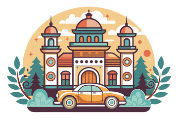 A Retro Car Parked in Front of a Mosque Illustration