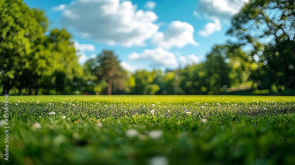 Aufkleber beautiful blurred background image of spring nature with a neatly trimmed lawn surrounded by trees a