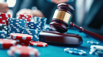 Legal gavel on poker table with casino chips, symbolizing gambling regulations, law enforcement, betting laws, and legal issues in gaming.